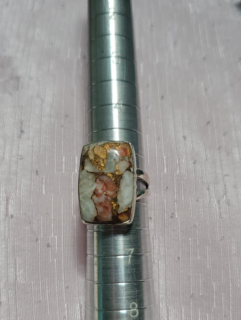 Sterling Silver Inlay Mosaic Ring with White, Pink and Gold Accents